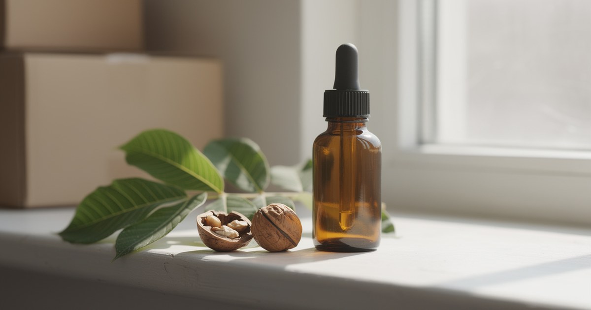 An amber glass dropper bottle stands on a sunlit white windowsill beside a walnut branch with green leaves, a whole walnut and a cracked-open walnut half, with stacked cardboard moving boxes blurred in the background.