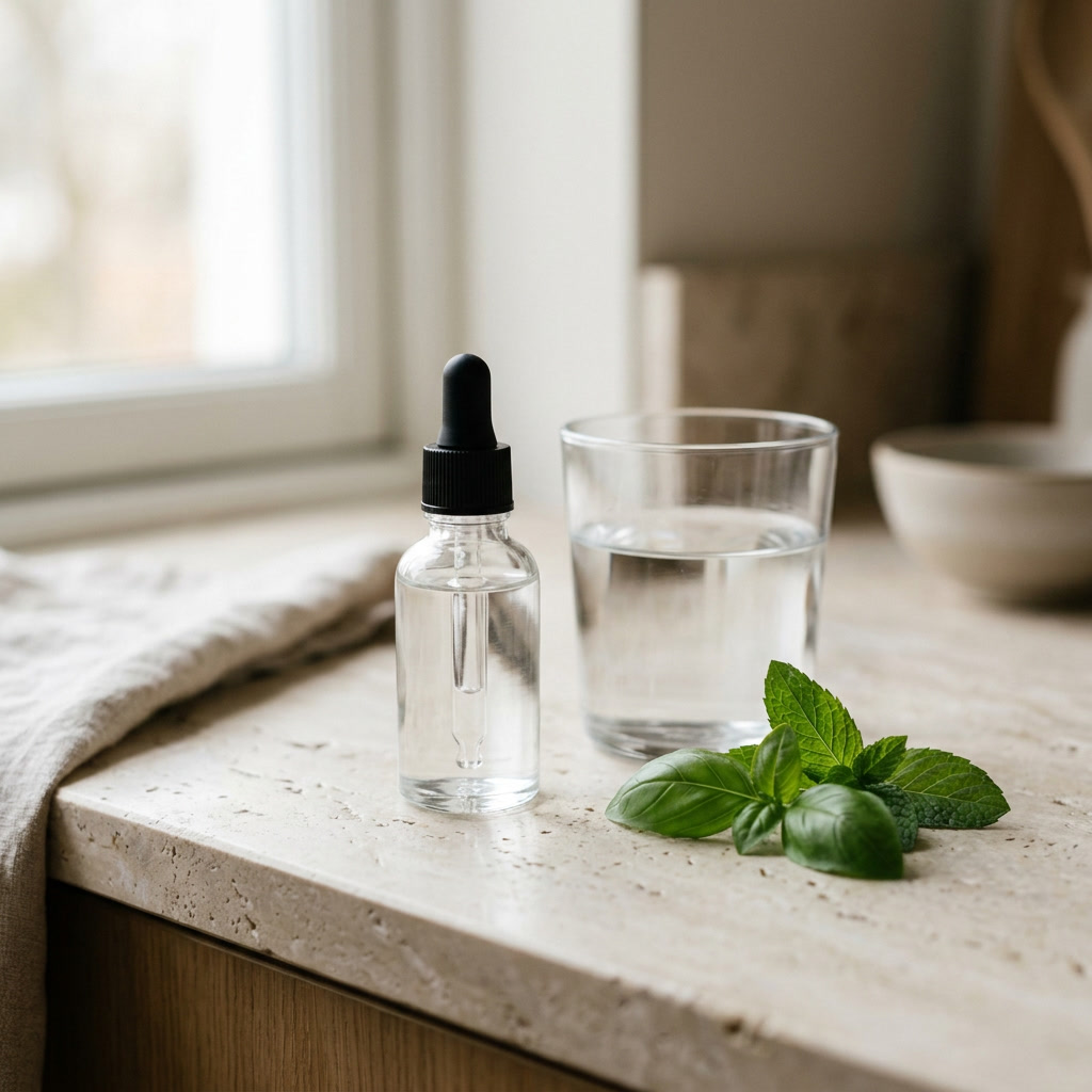 A blank, unlabeled clear glass dropper bottle with a black cap stands beside a plain glass tumbler of water on a stone kitchen counter, with fresh basil and mint leaves and a folded linen cloth alongside.