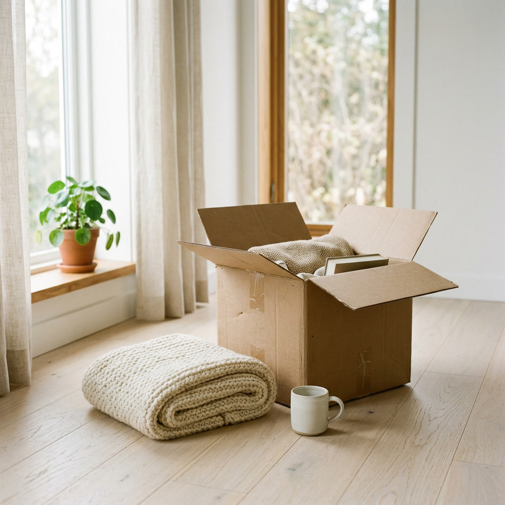 An open cardboard moving box holding a folded knit throw and a framed picture stands on a pale wood floor in a bright, nearly empty room, with a rolled cream knit blanket and a white ceramic mug on the floor beside it and a small potted plant on the windowsill.