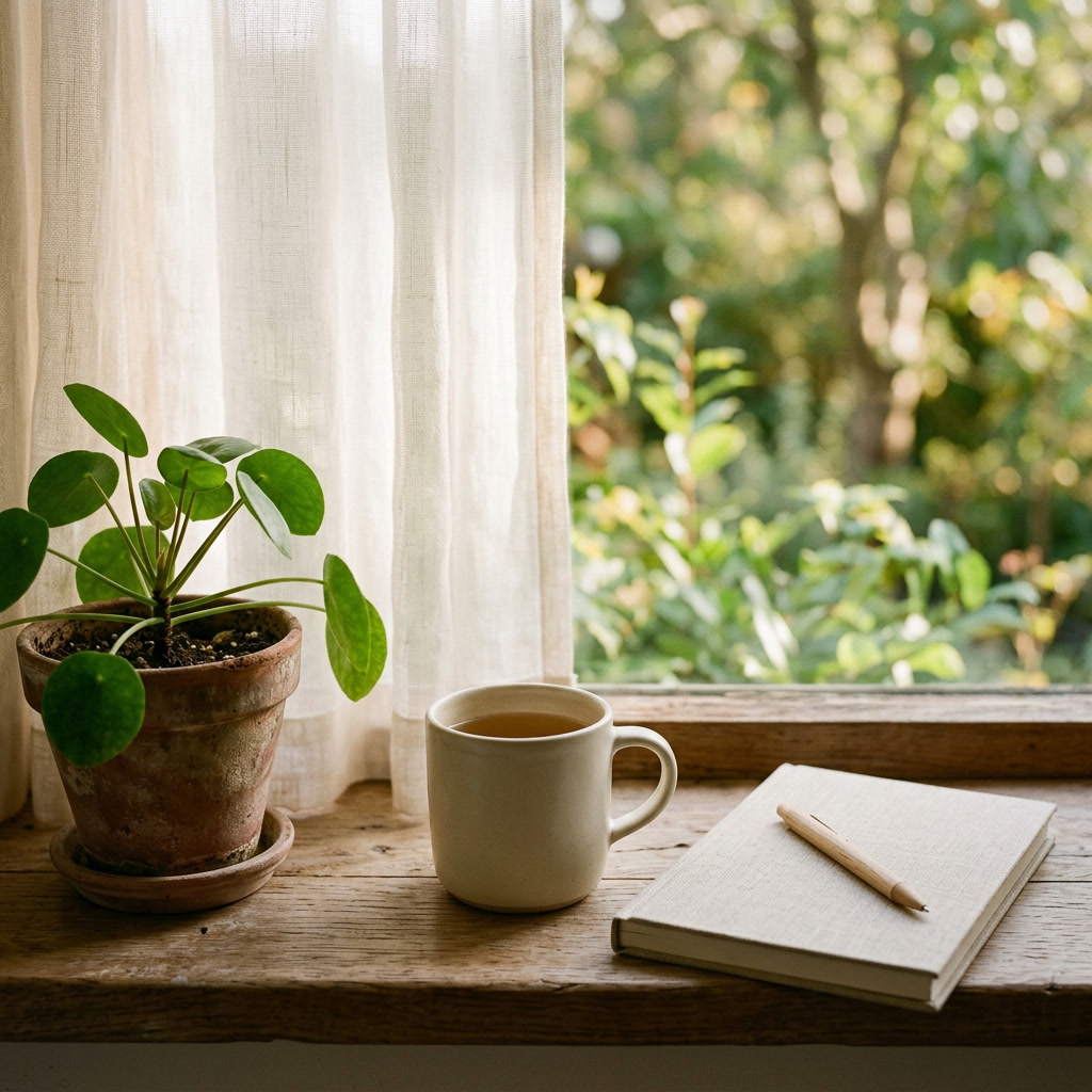A white ceramic mug of tea, a closed cream linen notebook with a wooden pen resting on it, and a small potted plant sit on a weathered wooden windowsill behind a sheer linen curtain, with a green garden blurred beyond the glass.