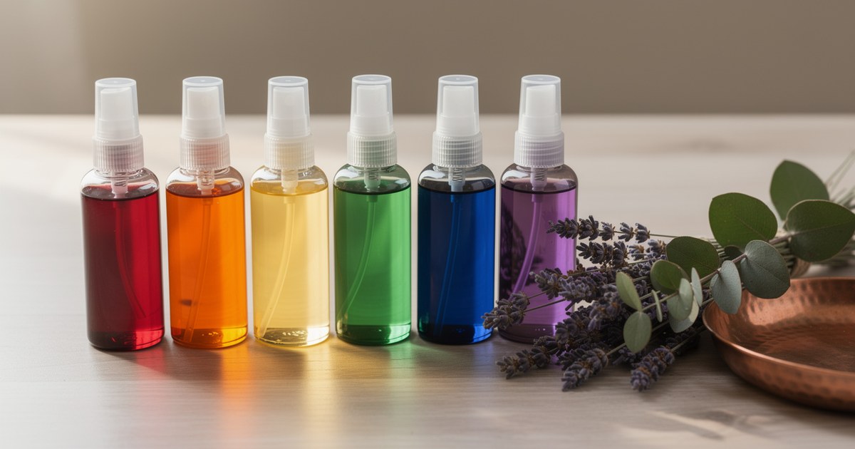 Six clear spray bottles filled with red, orange, yellow, green, blue and violet liquid stand in a row on pale wood beside dried lavender and a copper dish