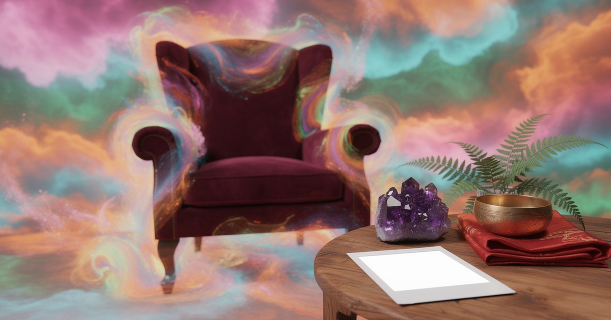 Burgundy velvet armchair amid swirling pastel clouds, with an amethyst cluster, brass bowl and tablet on a wooden table.