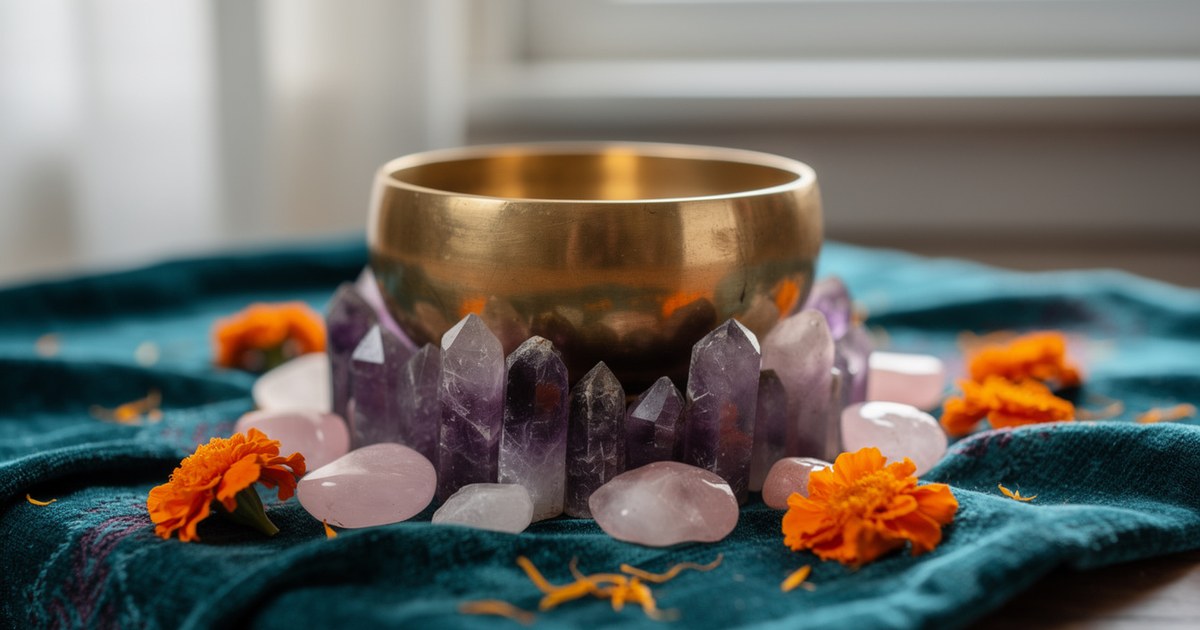 A brass singing bowl beside amethyst and rose quartz crystals, with a teal cloth and orange marigold petals scattered nearby