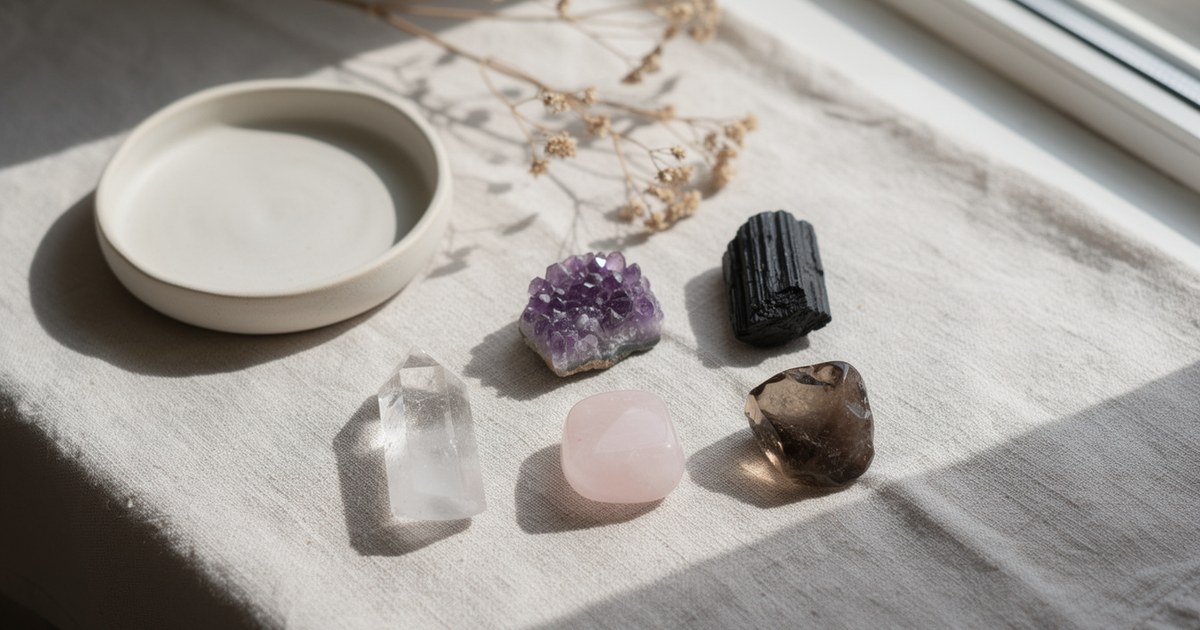 Five crystals laid on linen by a window, a clear quartz point, an amethyst cluster, a rose quartz tumble, a piece of black tourmaline and a smoky quartz, beside a pale ceramic dish and dried baby's breath