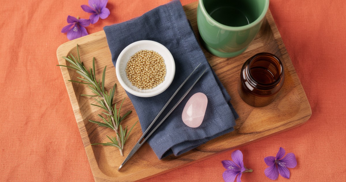 Wooden tray with gold beads in a white dish, tweezers, rose quartz, green cup and amber jar on orange cloth
