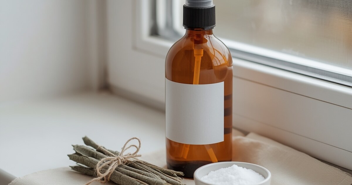 An amber glass spray bottle with a blank white label stands on a pale windowsill in soft daylight, beside a bundle of dried gray-green sage leaves tied with twine and a small white dish of coarse sea salt, with nothing burning and no smoke.