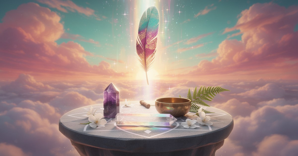 Teal and pink feather floating above a stone altar with amethyst, quartz, brass bowl and white flowers in clouds