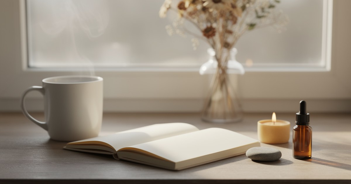 A steaming white mug and an open book with blank pages on a windowsill, beside a vase of dried flowers, a lit candle in a glass, a smooth grey stone and an amber dropper bottle