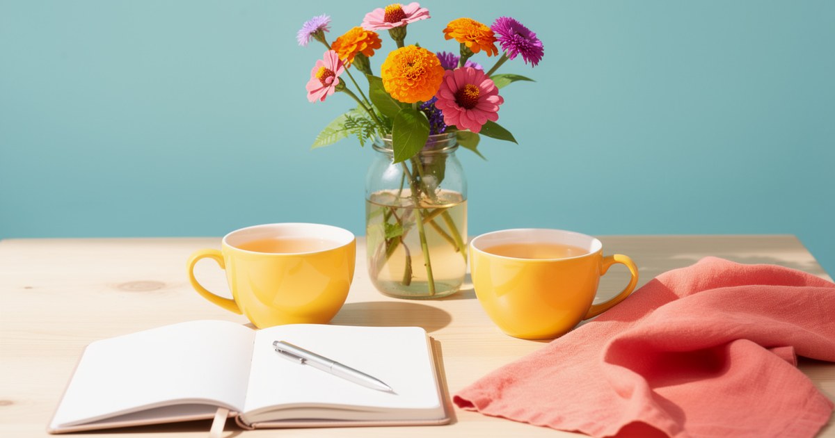 Two yellow cups of herbal tea, an open blank notebook with a pen and a coral cloth on a wood table, with orange, pink and purple flowers in a glass jar