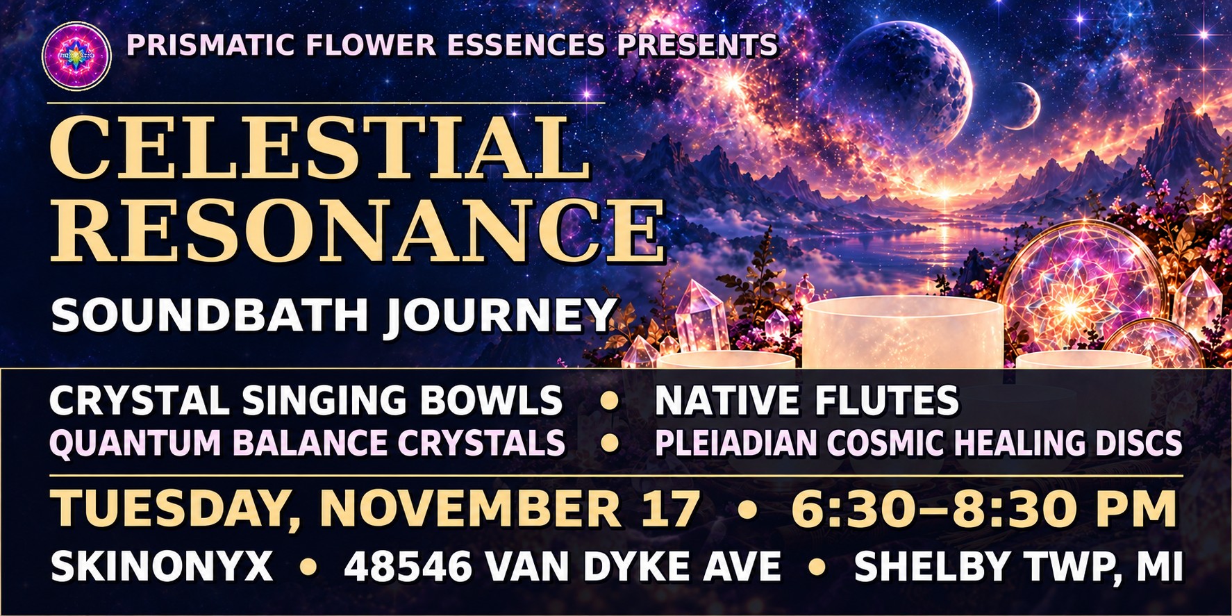 Celestial Resonance Soundbath Journey event banner from Prismatic Flower Essences: gold and white lettering over a purple starry sky with a large moon and a crescent above a mountain lake at sunset, frosted crystal singing bowls, quartz points and glowing mandala discs. It lists crystal singing bowls, native flutes, Quantum Balance Crystals and Pleiadian Cosmic Healing Discs, Tuesday November 17, 6:30 to 8:30 PM, SkinOnyx, 48546 Van Dyke Ave, Shelby Twp, MI.