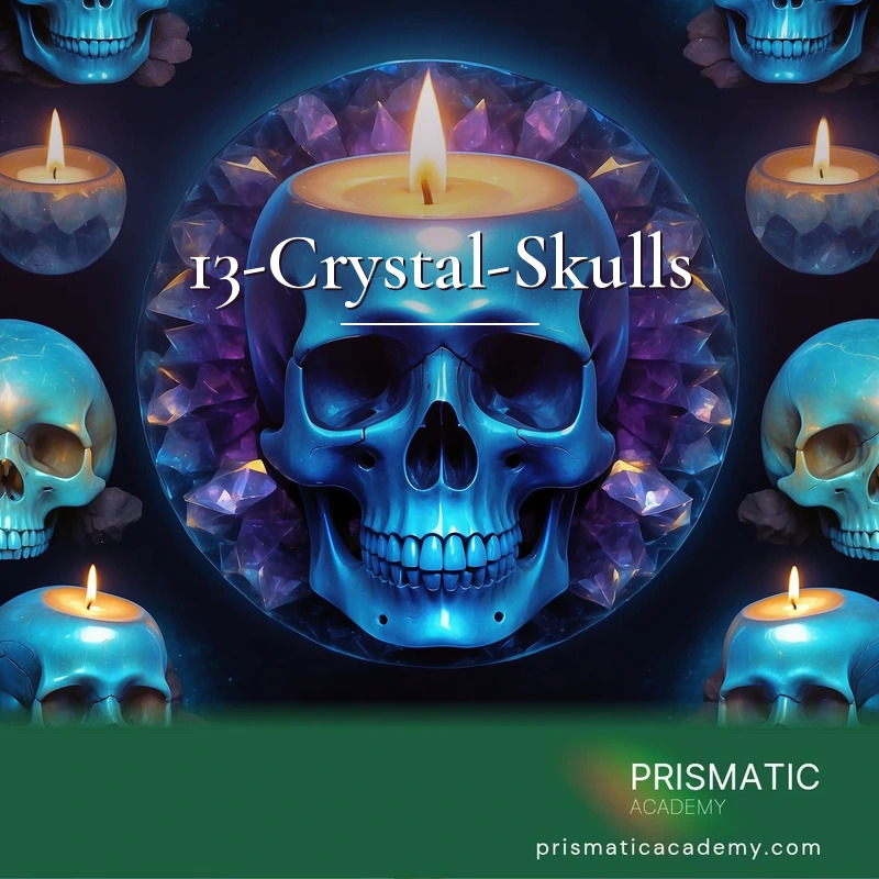 13-Crystal-Skulls distance Reiki attunement, The thirteen legendary carved clear-quartz crystal skulls of ancient Mesoamerican and Atlantean lore, said in old legend by Prismatic Flower Essences