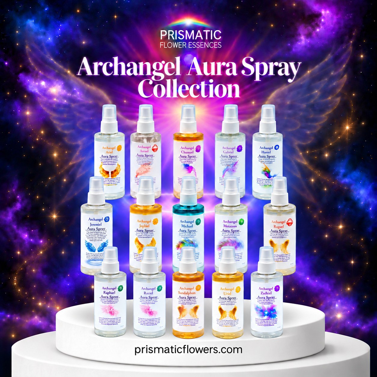 Archangel Aura Spray Collection, all fifteen 4 oz bottles arranged in three rows on a white podium against a purple and gold nebula with feathered angel wings, from Prismatic Flower Essences