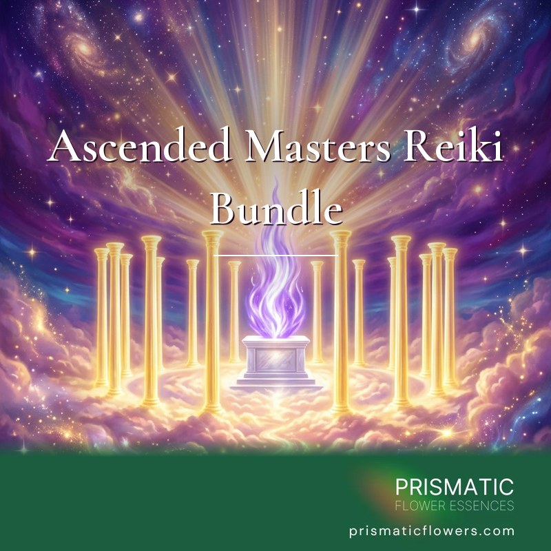 Ascended Masters Reiki Bundle (5 Attunements): a ring of glowing golden pillars on rose gold clouds surrounds a violet flame on a white altar, as rays of gold and white light fan up into a starry violet sky with galaxies, by Prismatic Flower Essences