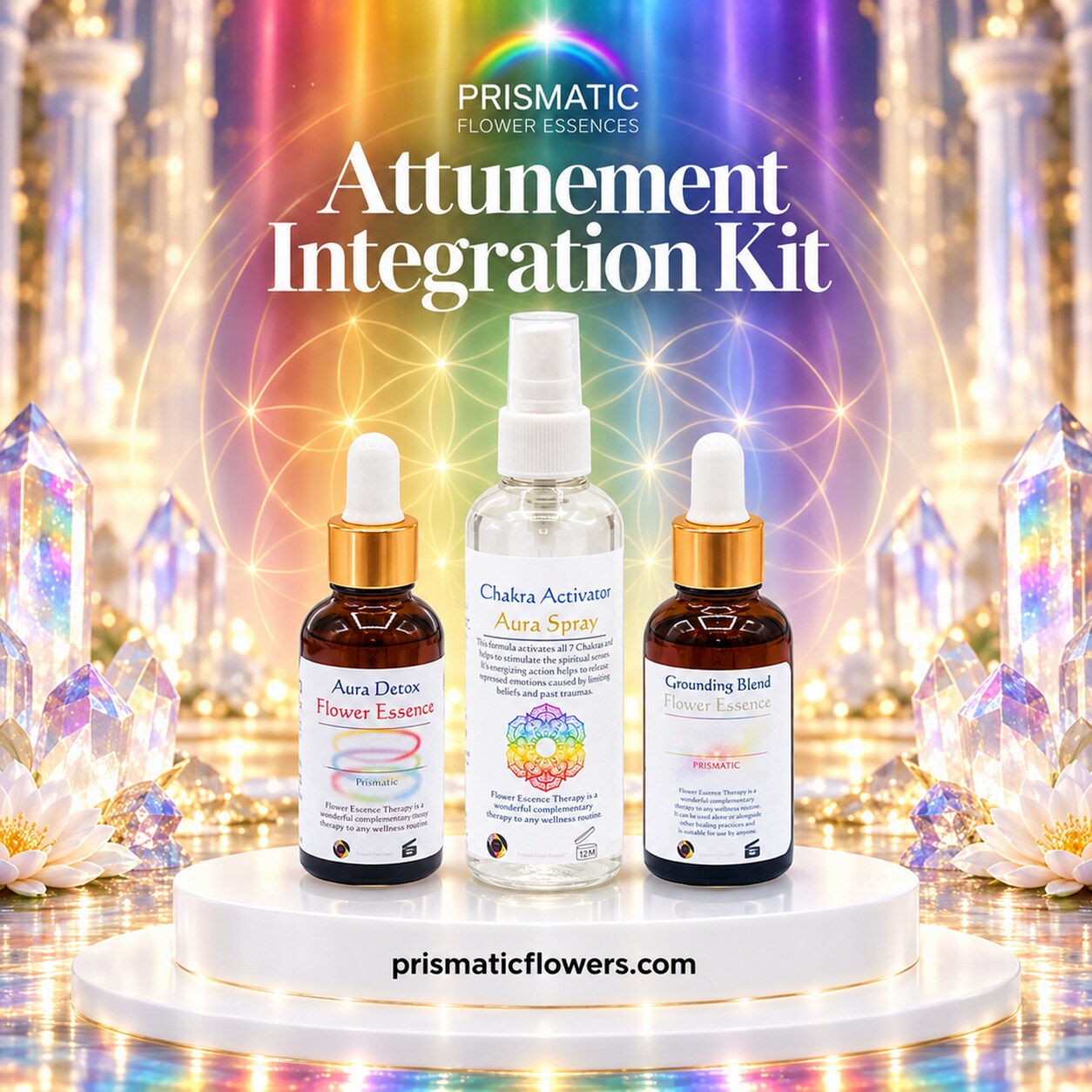Attunement Integration Kit (3-Piece Set): Aura Detox Flower Essence, Chakra Activator Aura Spray and Grounding Blend Flower Essence bottles on a white podium before a rainbow flower of life, crystals and lotus flowers, by Prismatic Flower Essences