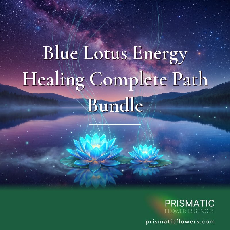 Blue Lotus Energy Healing Complete Path Bundle (2 Levels): two glowing blue lotus flowers, one larger than the other, rest on a still lake under the Milky Way as threads of turquoise light rise from them through mist, by Prismatic Flower Essences