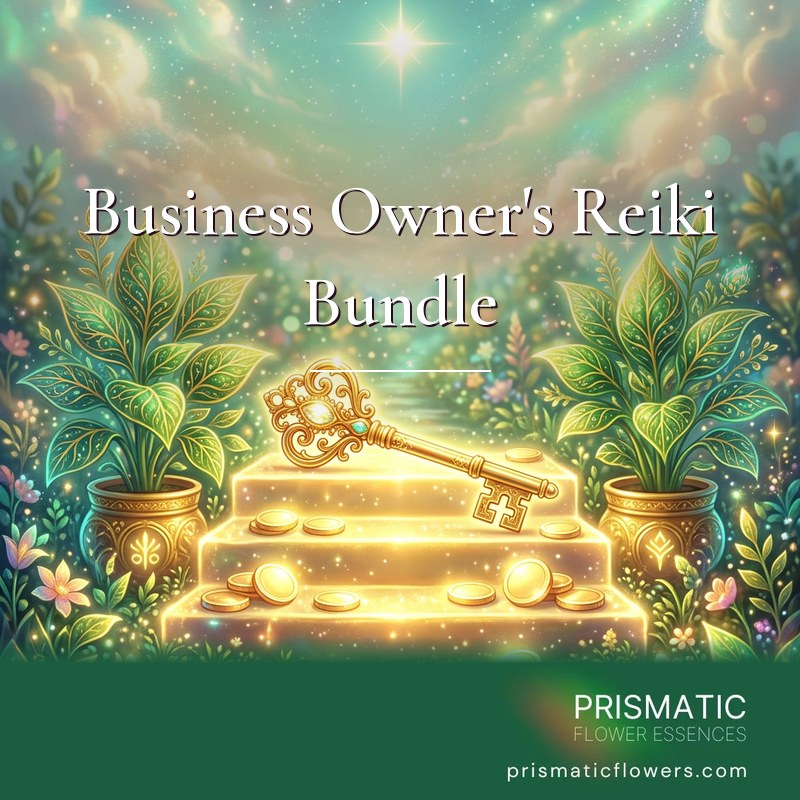 Business Owner's Reiki Bundle (5 Attunements): an ornate golden key with a jewel in its bow rests on three glowing golden steps scattered with gold coins, between two green plants with gold-veined leaves in golden pots, by Prismatic Flower Essences