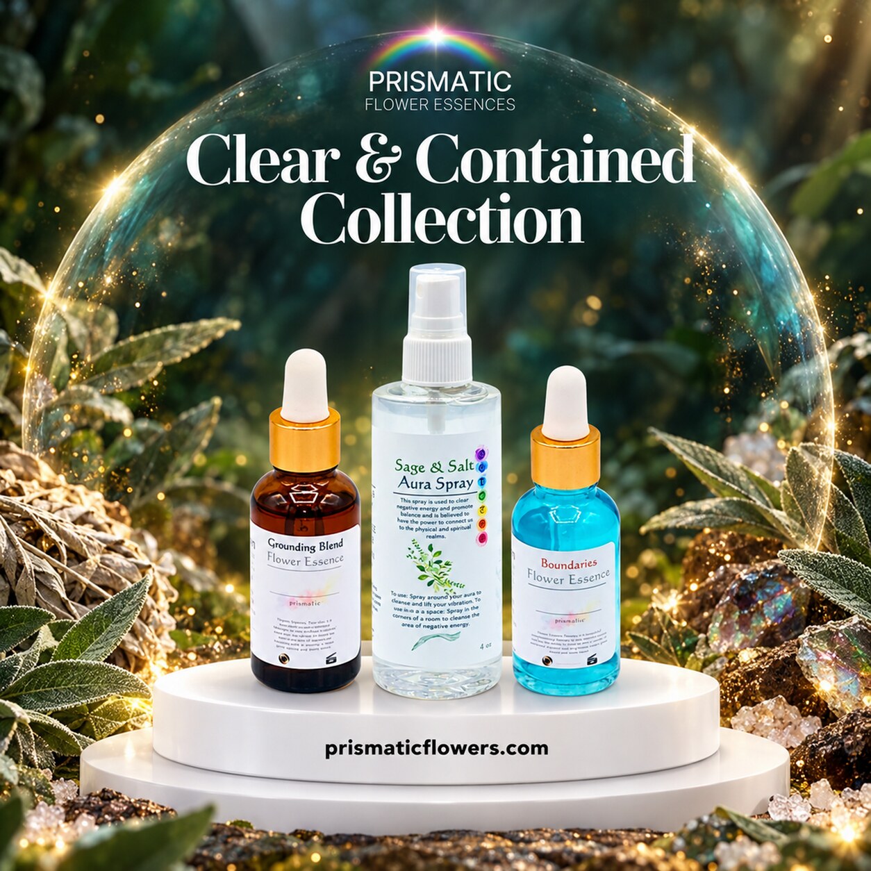 Clear & Contained Collection (3-Piece Set): Grounding Blend Flower Essence, Sage & Salt Aura Spray and Boundaries Flower Essence bottles on a white podium inside a glowing bubble among sage leaves and crystals, by Prismatic Flower Essences