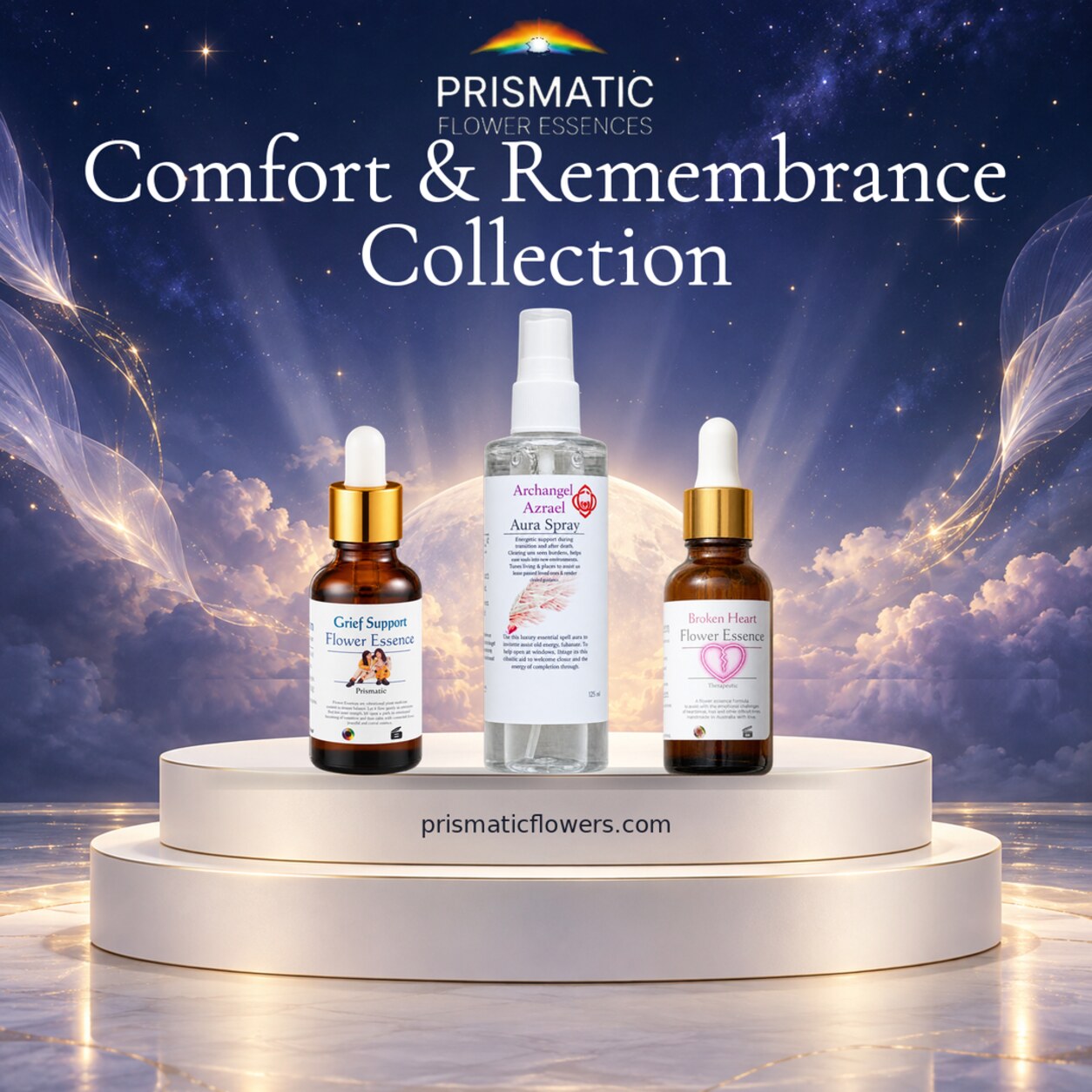 Comfort & Remembrance Collection (3-Piece Set): Grief Support Flower Essence, Archangel Azrael Aura Spray and Broken Heart Flower Essence bottles on a white podium beneath a starlit sky, by Prismatic Flower Essences