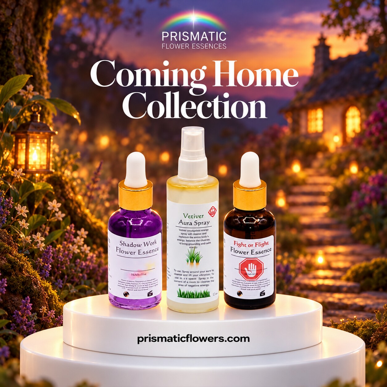 Coming Home Collection (3-Piece Set): Shadow Work Flower Essence, Vetiver Aura Spray and Fight or Flight Flower Essence bottles on a white podium beside a lantern-lit garden path to a glowing cottage at sunset, by Prismatic Flower Essences