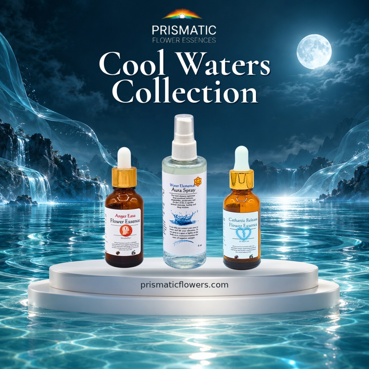 Cool Waters Collection (3-Piece Set): Anger Ease Flower Essence, Water Elemental Aura Spray and Cathartic Release Flower Essence bottles on a white podium over moonlit water, by Prismatic Flower Essences