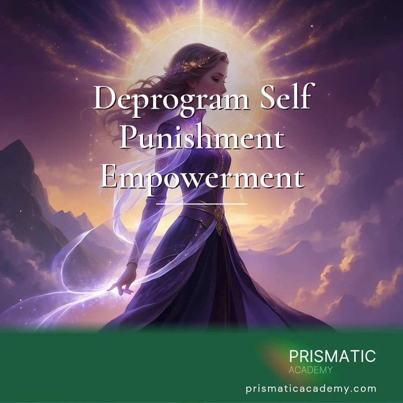 Deprogram Self Punishment Empowerment distance Reiki attunement, The subconscious self-punishment 'program' that drives self-sabotage, being released and deprogrammed for empowerment by Prismatic Flower Essences