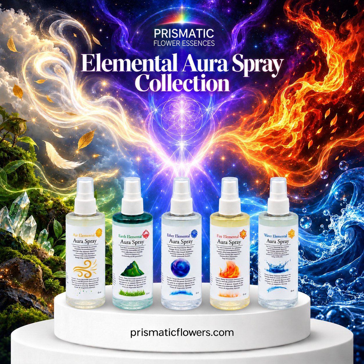 Elemental Aura Spray Collection, the Air, Earth, Ether, Fire and Water bottles in a row on a white podium, with moss and crystals on the left and flame and water on the right, from Prismatic Flower Essences