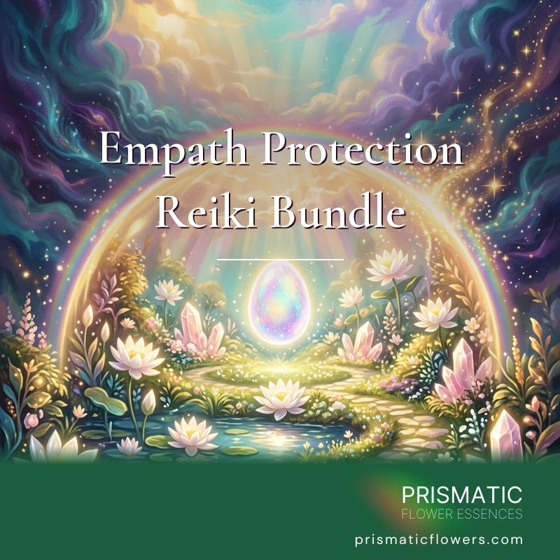 Empath Protection Reiki Bundle (4 Attunements): a rainbow-edged dome of golden light shelters white lotus flowers and rose quartz crystals around a glowing opal egg, while teal and violet clouds outside turn to gold sparkles, by Prismatic Flower Essences