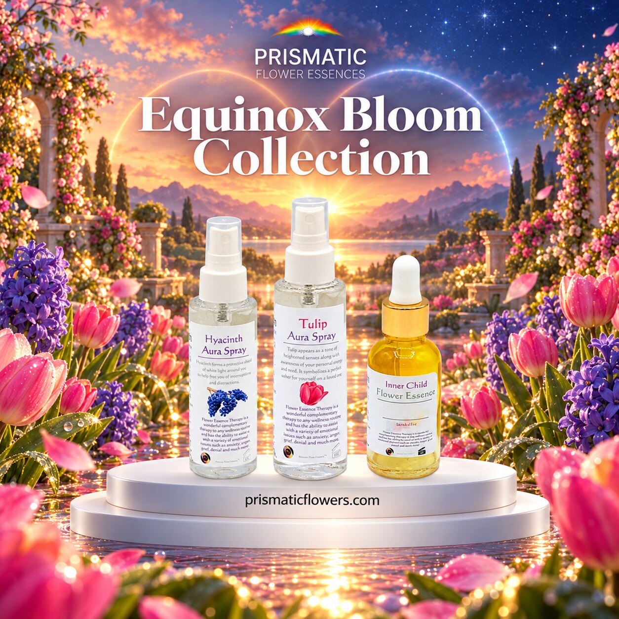Equinox Bloom Collection (3-Piece Set): Hyacinth Aura Spray, Tulip Aura Spray and Inner Child Flower Essence bottles on a white podium among pink tulips and purple hyacinths at sunrise, by Prismatic Flower Essences