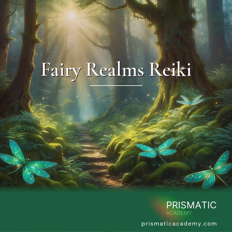 Fairy Realms Reiki distance Reiki attunement, The faery realms and woodland nature-spirits: luminous winged fairies and grassy fairy mounds in an old-growth forest, a by Prismatic Flower Essences