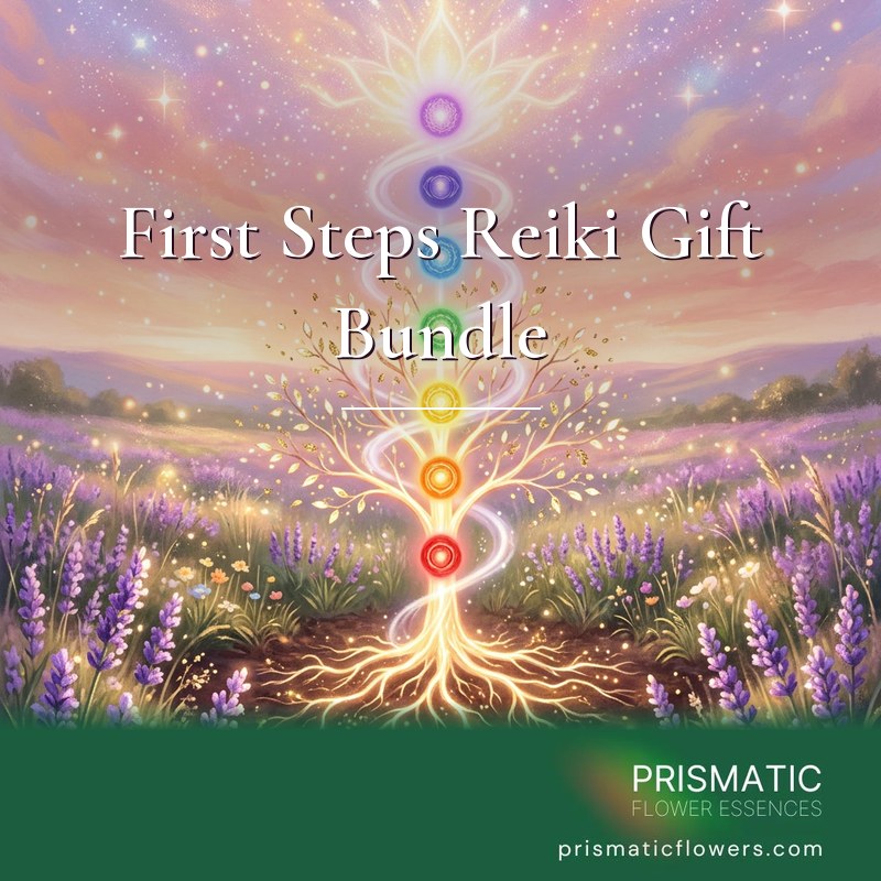 First Steps Reiki Gift Bundle (4 Attunements): a golden tree with glowing roots stands in a lavender meadow as a spiral of white light rises through seven rainbow chakra orbs to a crown of light, by Prismatic Flower Essences