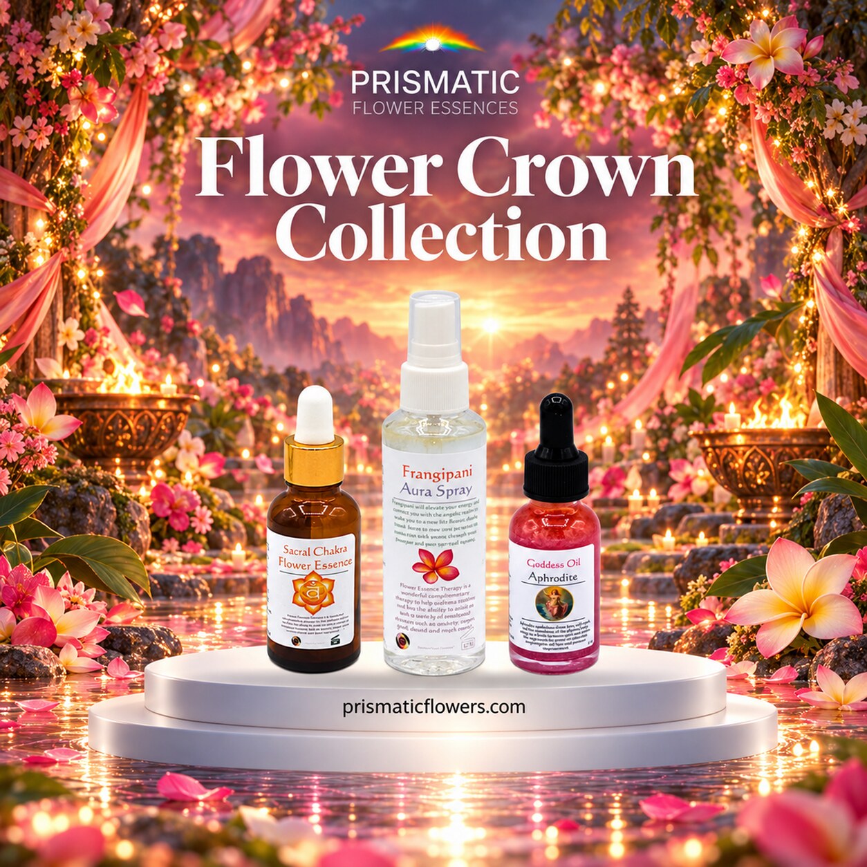 Flower Crown Collection (3-Piece Set): Sacral Chakra Flower Essence, Frangipani Aura Spray and Goddess Oil Aphrodite bottles on a white podium over candlelit water with pink petals, beneath frangipani blossoms at sunset, by Prismatic Flower Essences