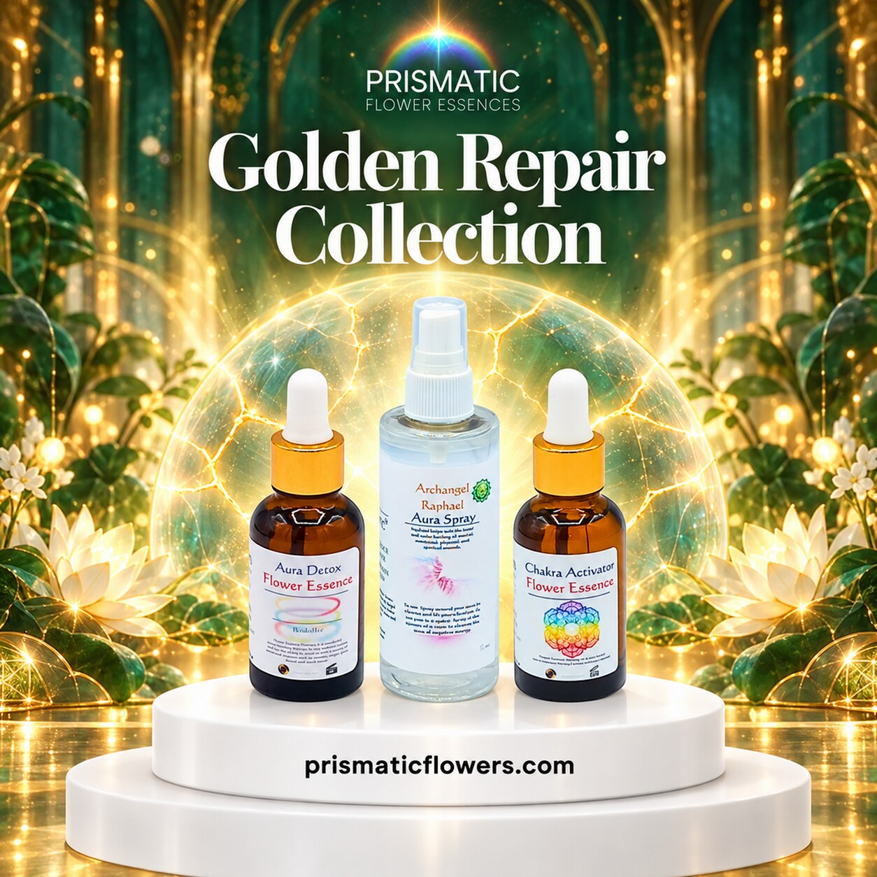 Golden Repair Collection (3-Piece Set): Aura Detox Flower Essence, Archangel Raphael Aura Spray and Chakra Activator Flower Essence bottles on a white podium before a glowing sphere veined with gold, with white lotus flowers, by Prismatic Flower Essences