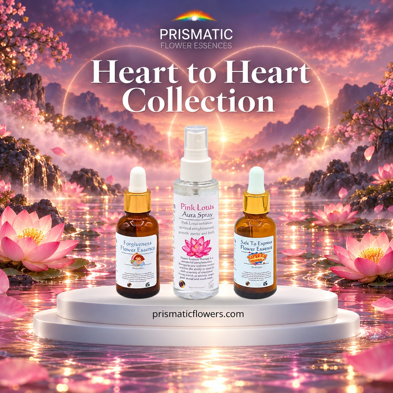 Heart to Heart Collection (3-Piece Set): Forgiveness Flower Essence, Pink Lotus Aura Spray and Safe To Express Flower Essence bottles on a white podium among pink lotus flowers on glowing water at sunset, by Prismatic Flower Essences