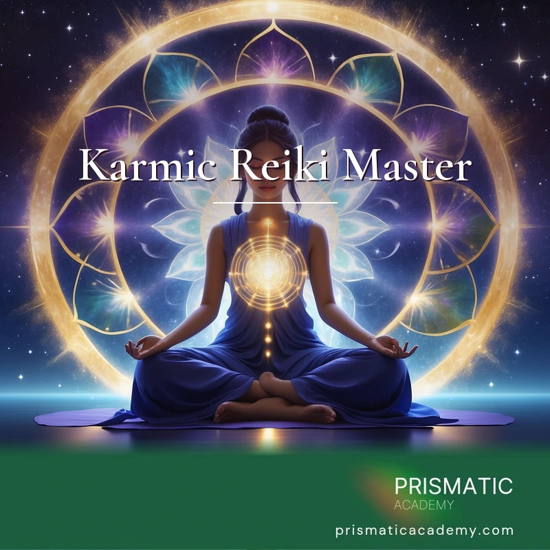 Karmic Reiki Master distance Reiki attunement, Master-level karmic energy and past-life clearing: a glowing wheel of karma with a column of white light descending thro by Prismatic Flower Essences