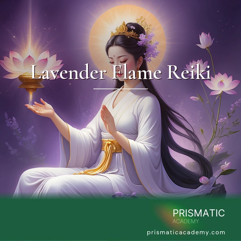 Lavender Flame Reiki distance Reiki attunement, Quan Yin (Kuan Yin), the Chinese Buddhist bodhisattva of compassion and mercy, channeling her soft lavender-violet heali by Prismatic Flower Essences
