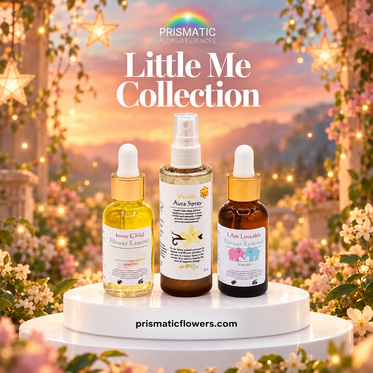 Little Me Collection (3-Piece Set): Inner Child Flower Essence, Vanilla Aura Spray and I Am Loveable Flower Essence bottles on a white podium in a blossoming garden with glowing star lanterns at sunset, by Prismatic Flower Essences