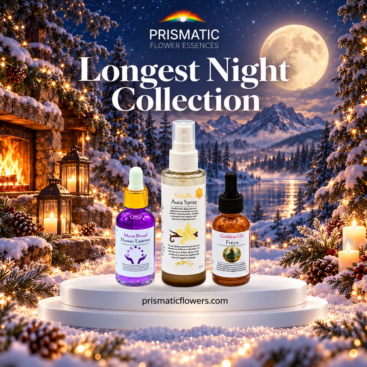 Longest Night Collection (3-Piece Set): Moon Ritual Flower Essence, Vanilla Aura Spray and Goddess Oil Freya bottles on a white podium on a snowy night under a full moon, beside a glowing fireplace and candlelit lanterns, by Prismatic Flower Essences