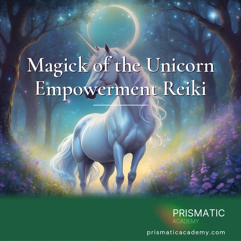 Magick of the Unicorn Empowerment Reiki distance Reiki attunement, The spirit unicorn radiant with showering spirit light by Prismatic Flower Essences