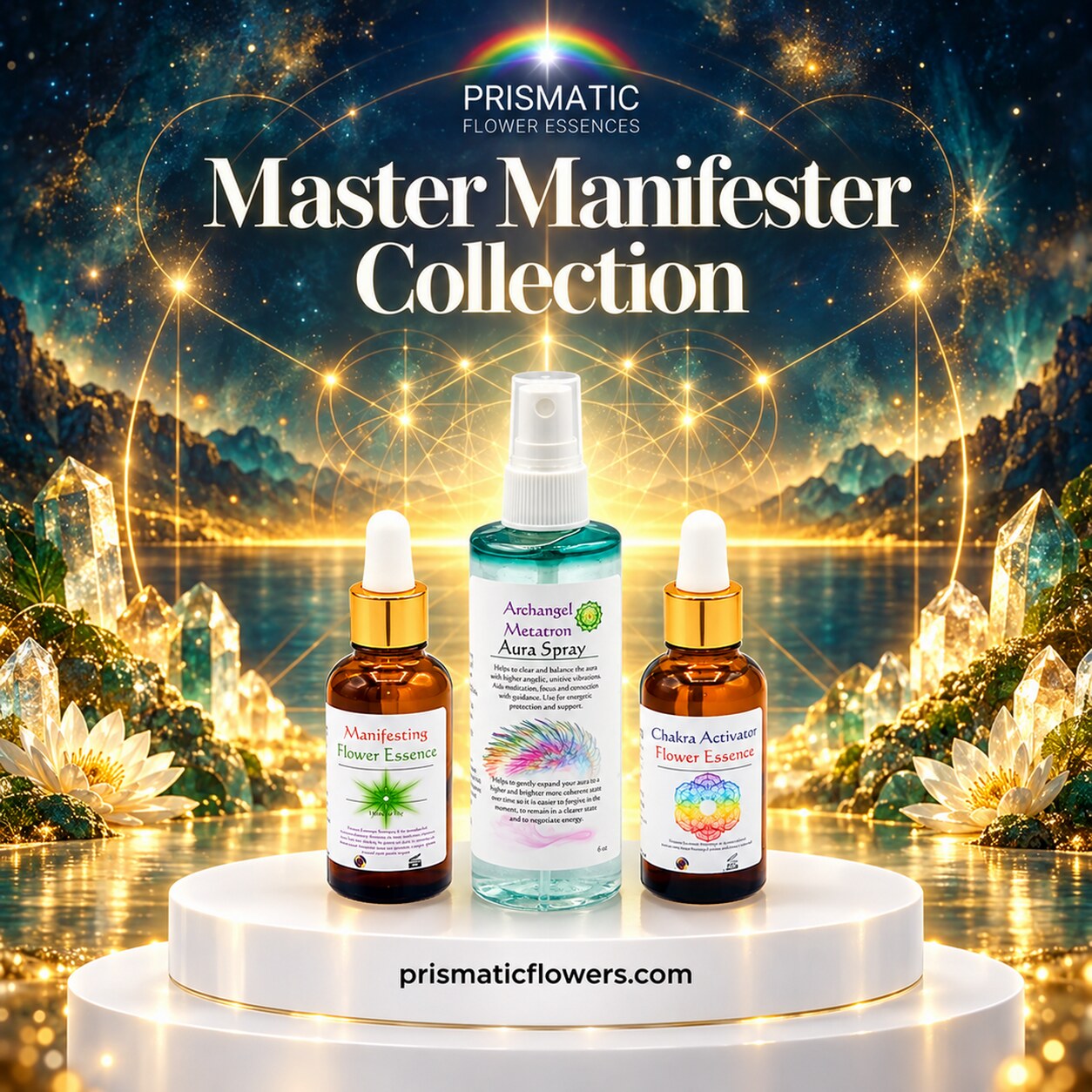 Master Manifester Collection (3-Piece Set): Manifesting Flower Essence, Archangel Metatron Aura Spray and Chakra Activator Flower Essence bottles on a white podium before golden sacred geometry and crystals over a lake, by Prismatic Flower Essences