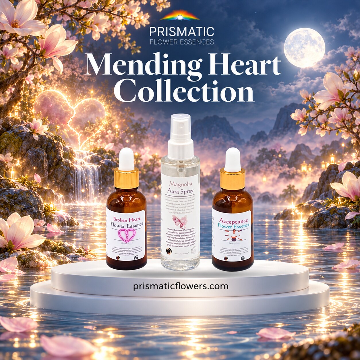 Mending Heart Collection (3-Piece Set): Broken Heart Flower Essence, Magnolia Aura Spray and Acceptance Flower Essence bottles on a white podium beside magnolia blossoms, a glowing heart and a full moon over water, by Prismatic Flower Essences