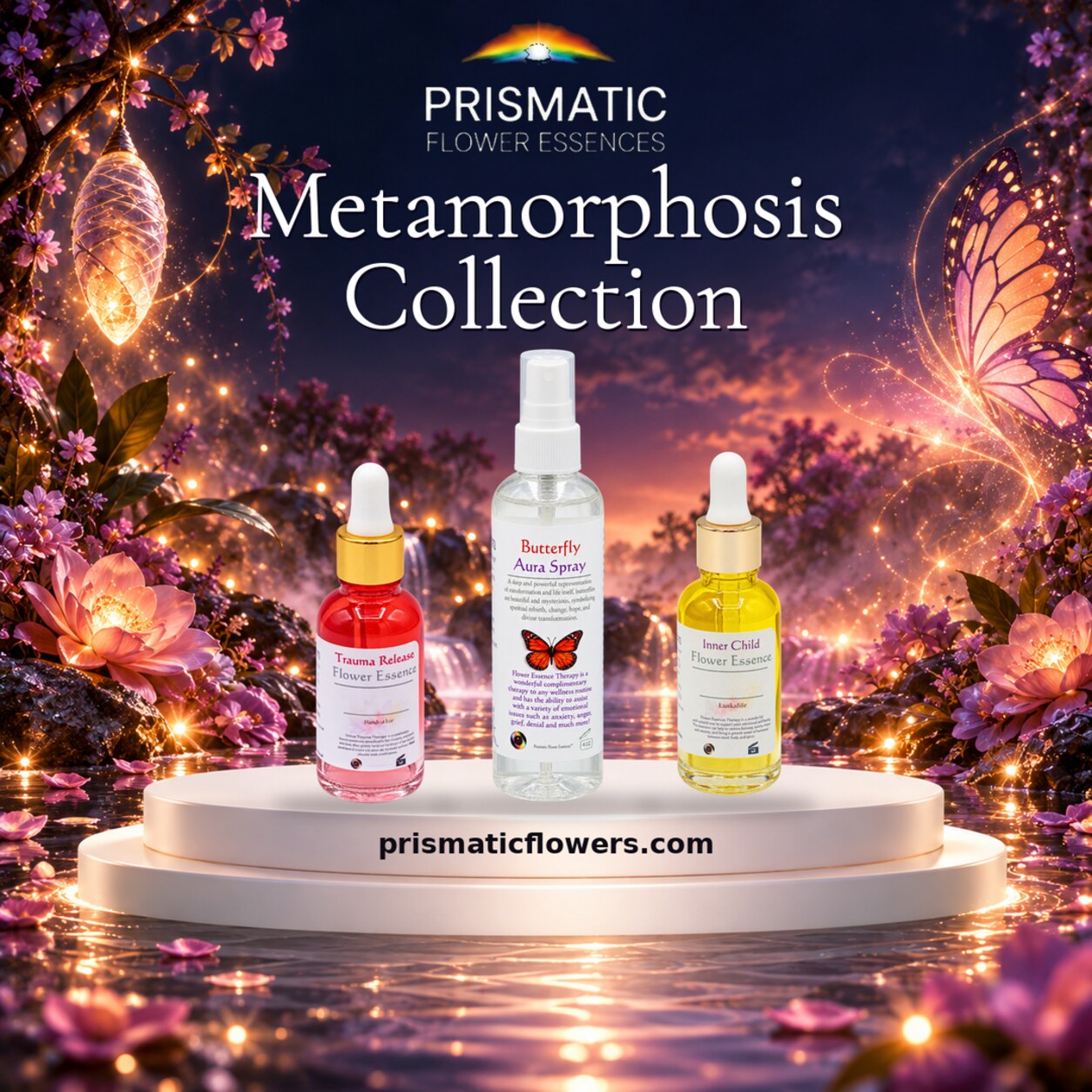 Metamorphosis Collection (3-Piece Set): Trauma Release Flower Essence, Butterfly Aura Spray and Inner Child Flower Essence bottles on a white podium beside a glowing butterfly, lotus flowers and moonlit water, by Prismatic Flower Essences