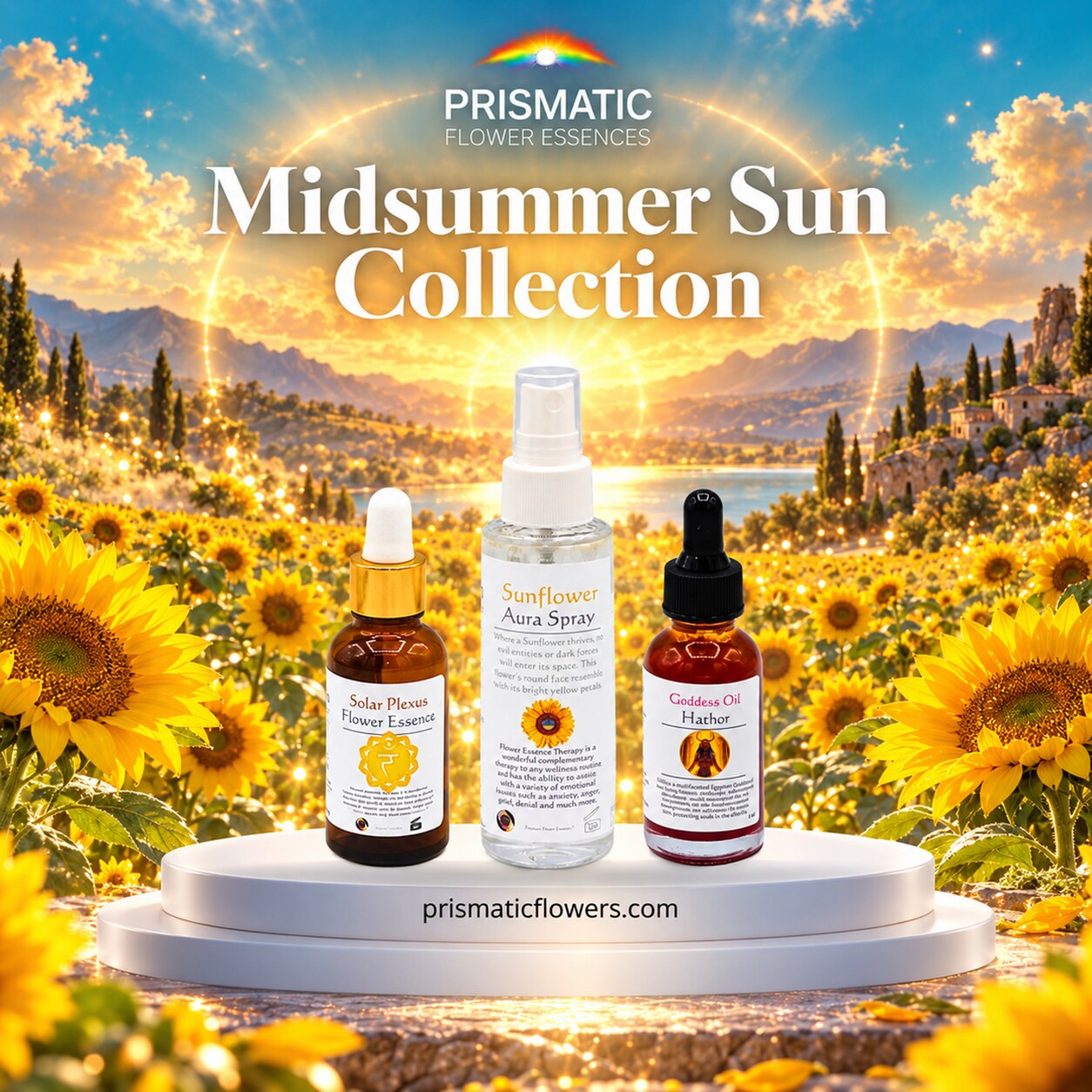 Midsummer Sun Collection (3-Piece Set): Solar Plexus Flower Essence, Sunflower Aura Spray and Goddess Oil Hathor bottles on a white podium in a sunflower field beneath a blazing summer sun over a lake and hills, by Prismatic Flower Essences