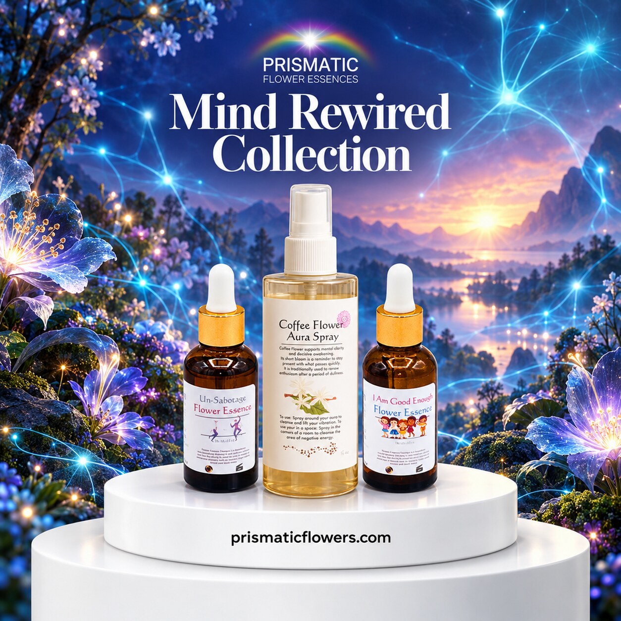 Mind Rewired Collection (3-Piece Set): Un-Sabotage Flower Essence, Coffee Flower Aura Spray and I Am Good Enough Flower Essence bottles on a white podium among glowing blue flowers under a sky of connected lights at sunrise, by Prismatic Flower Essences
