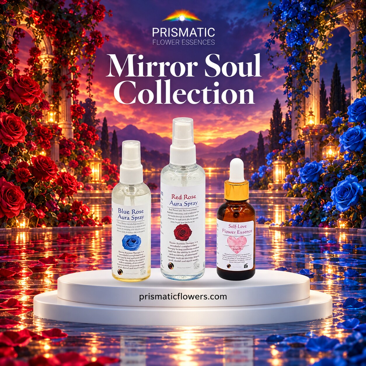 Mirror Soul Collection (3-Piece Set): Blue Rose Aura Spray, Red Rose Aura Spray and Self-Love Flower Essence bottles on a white podium between a red rose garden and a blue rose garden at sunset, by Prismatic Flower Essences