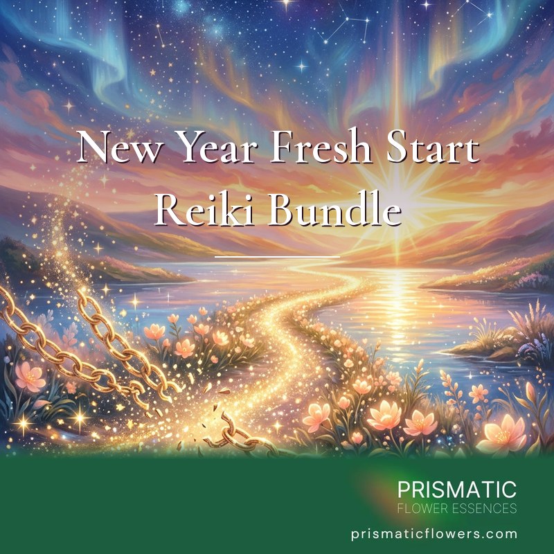 New Year Fresh Start Reiki Bundle (5 Attunements): a bright starburst rises at dawn over a calm lake, golden chains break apart into sparkles, and a glowing golden path leads past peach blossoms under a starry aurora sky, by Prismatic Flower Essences
