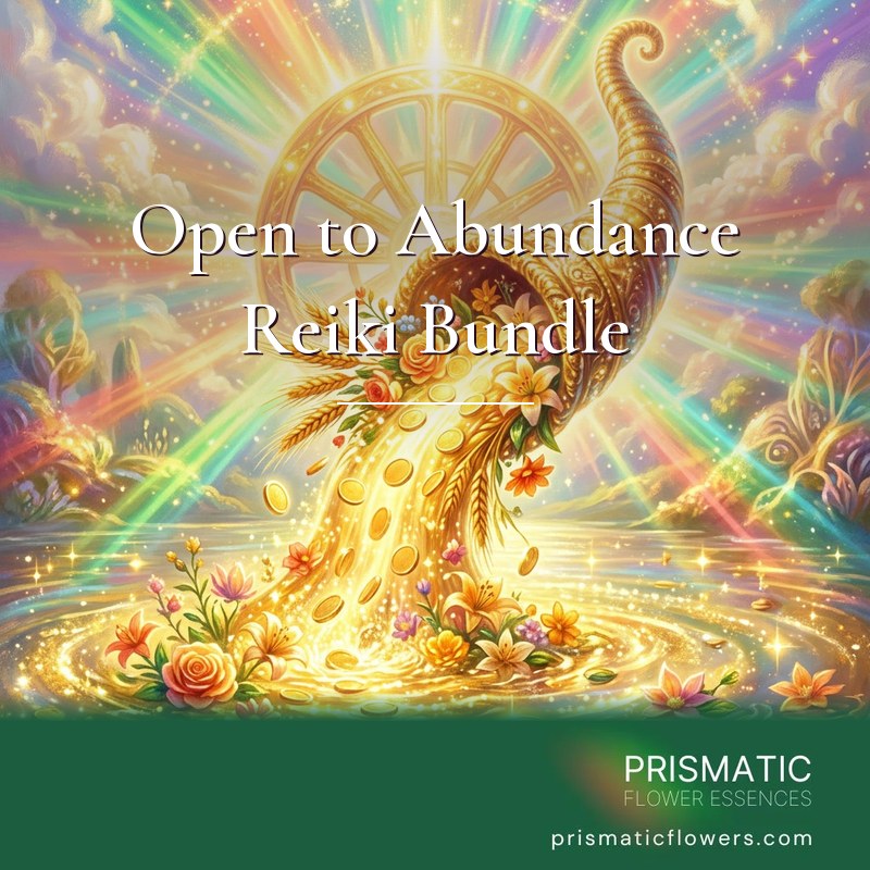 Open to Abundance Reiki Bundle (5 Attunements): a golden cornucopia pours glowing gold coins, wheat and flowers into a shimmering golden pool, with a golden wheel of light behind it and rainbow rays across a bright sky, by Prismatic Flower Essences