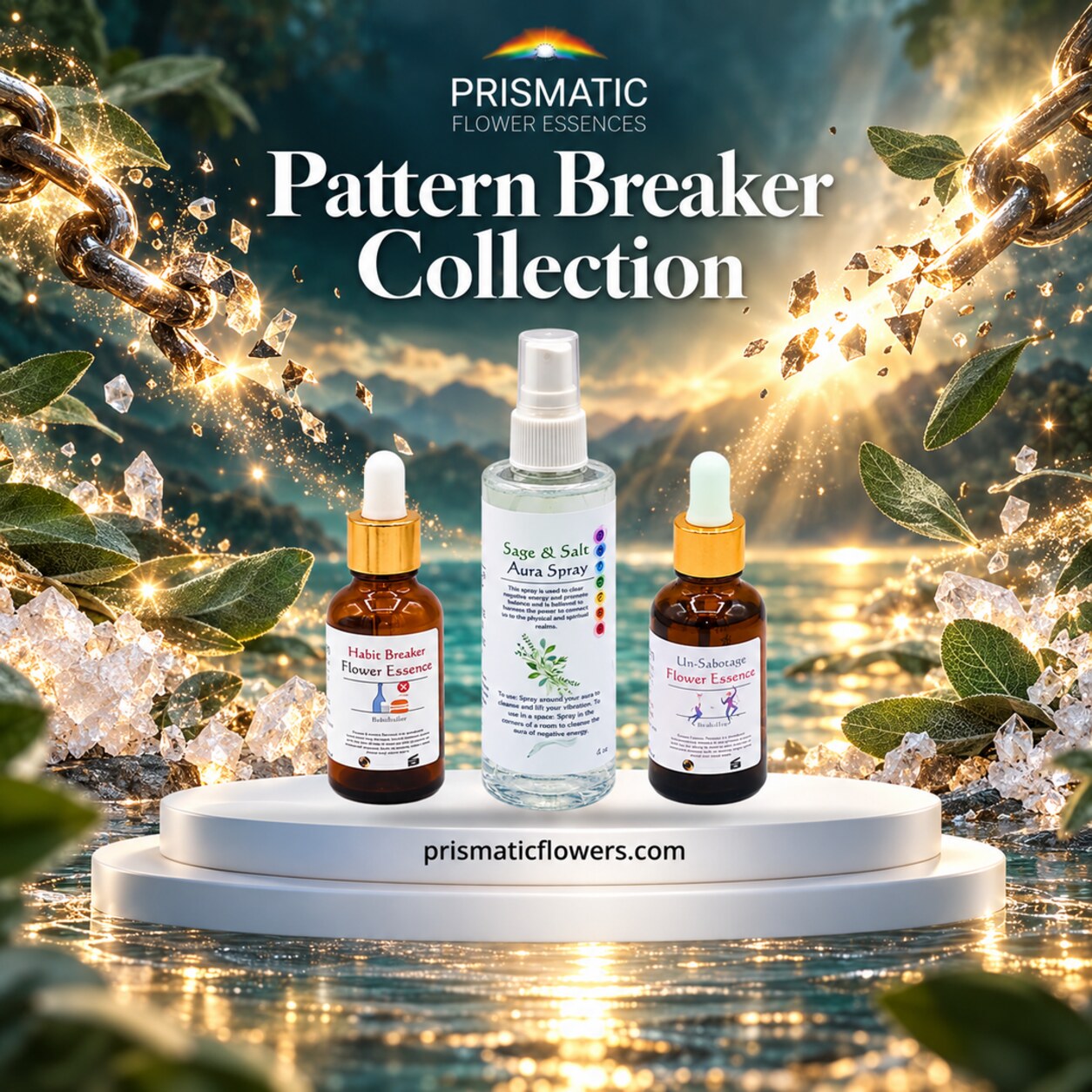Pattern Breaker Collection (3-Piece Set): Habit Breaker Flower Essence, Sage & Salt Aura Spray and Un-Sabotage Flower Essence bottles on a white podium between breaking gold chains, crystals and sage leaves, by Prismatic Flower Essences