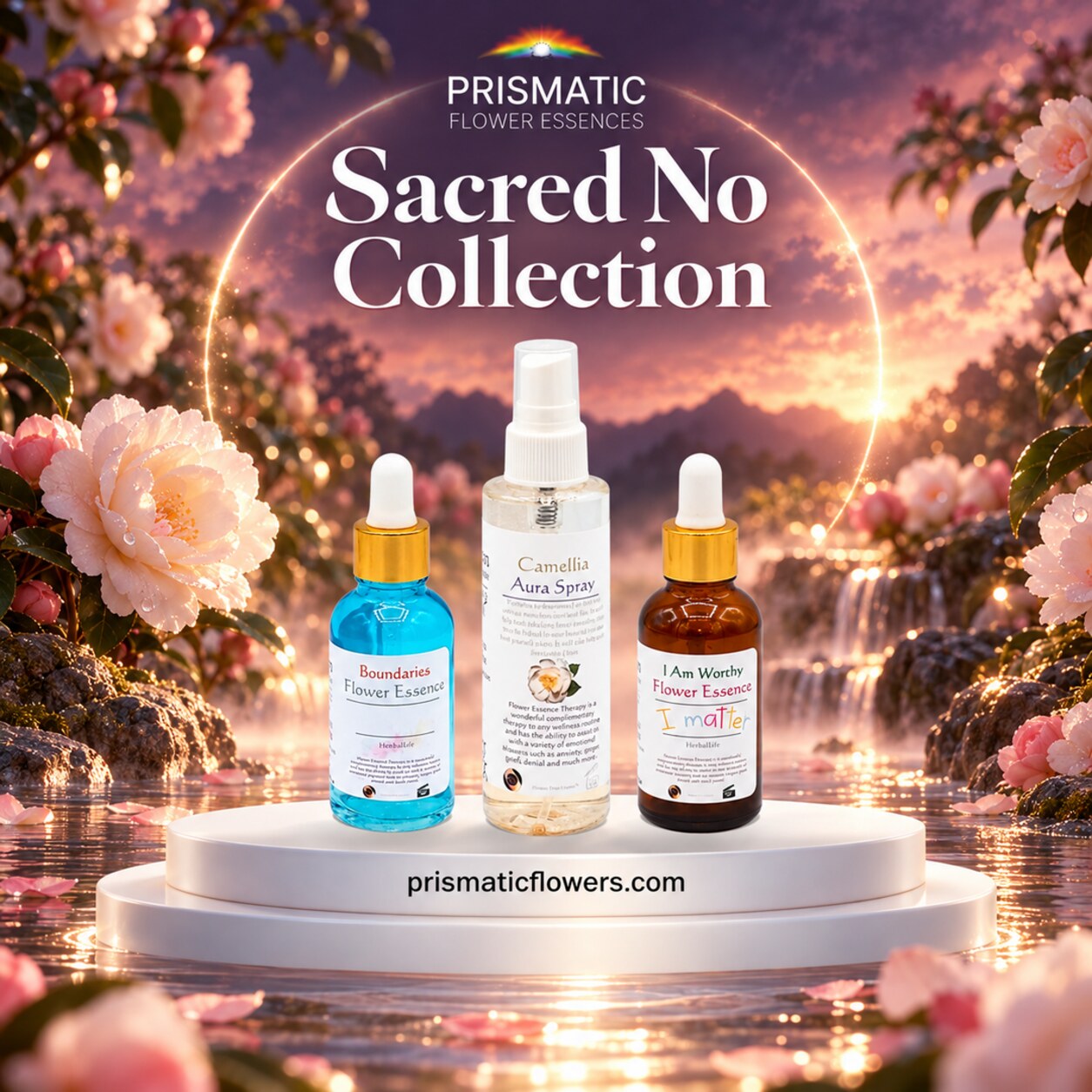 Sacred No Collection (3-Piece Set): Boundaries Flower Essence, Camellia Aura Spray and I Am Worthy Flower Essence bottles on a white podium among pink camellia blossoms at sunset, by Prismatic Flower Essences