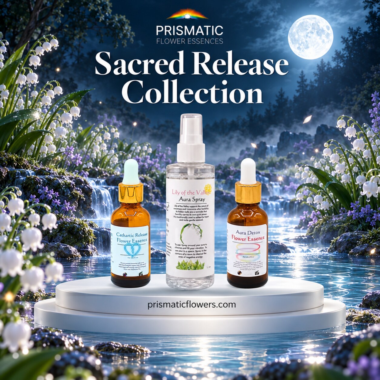 Sacred Release Collection (3-Piece Set): Cathartic Release Flower Essence, Lily of the Valley Aura Spray and Aura Detox Flower Essence bottles on a white podium by a moonlit stream lined with lily of the valley, by Prismatic Flower Essences