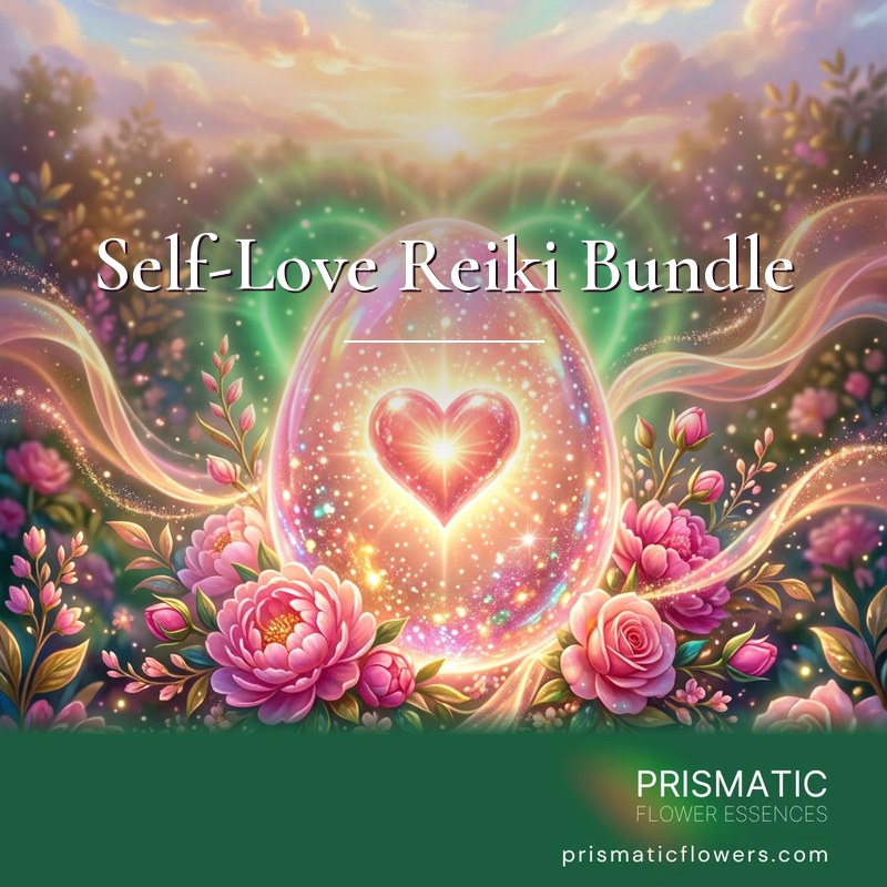 Self-Love Reiki Bundle (5 Attunements): a glowing egg-shaped cocoon of pink and gold light holds a bright rose-gold heart, wrapped in ribbons of golden light, with a soft green halo behind and pink peonies and roses in front, by Prismatic Flower Essences